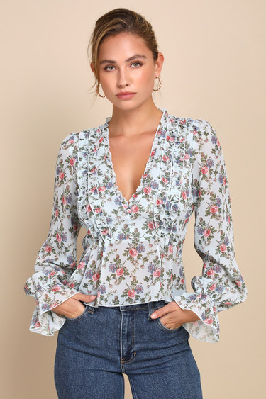 Undeniably Darling Light Blue Floral Chiffon Balloon Sleeve Top