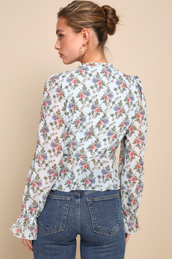 Light Blue Floral Top Chiffon Top Cute Balloon Sleeve Top Lulus