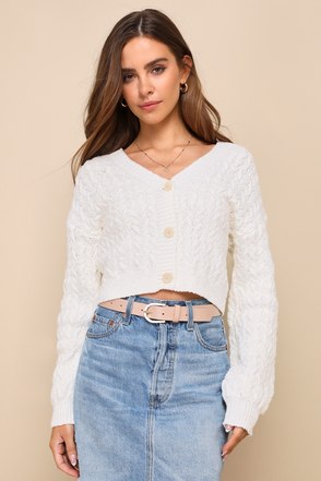 Ivory Cotton Sweater Cable Knit Sweater Cropped Cardi Sweater