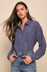 Elevated Perception Slate Blue Sheer Textured Wavy Button-Up Top