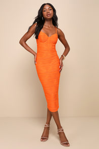 Undeniable Icon Orange Textured Bustier Bodycon Midi Dress