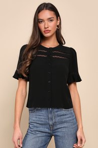 Remarkably Charismatic Black Lace Short Sleeve Button-Up Top