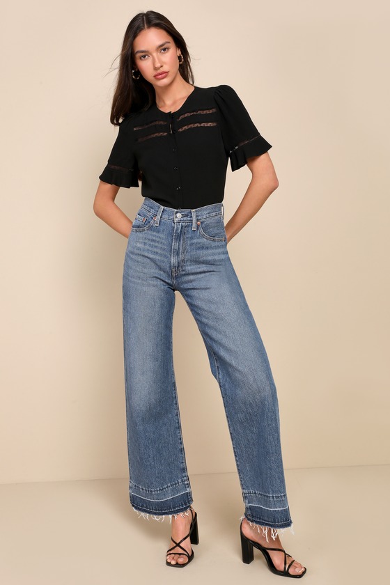 Remarkably Charismatic Black Lace Short Sleeve Button-Up Top 3