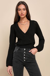 Sweetest Fashion Black Crochet Knit Surplice Sweater Top