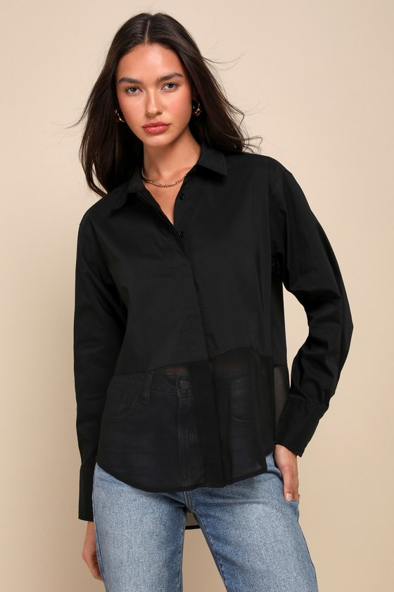 Shop Lulus Sheer-ly Chic Black Semi-sheer Long Sleeve Button-up Top