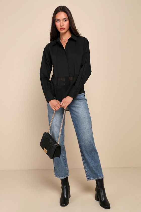 Shop Lulus Sheer-ly Chic Black Semi-sheer Long Sleeve Button-up Top