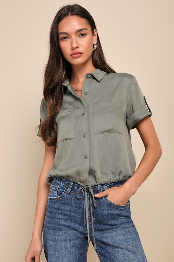 Sage Twill Top - Drawstring Button-Up Top - Short Sleeve Top - Lulus