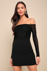 Elegant Eternity Black Mesh Ruched Off-the-Shoulder Mini Dress
