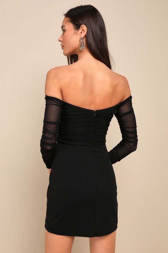 Lulus Elegant Eternity Black Mesh Ruched Off-the-shoulder Mini Dress In Black