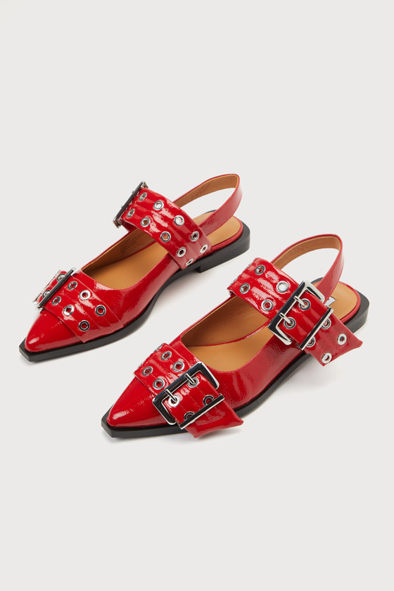 Graya Red Patent Studded Buckle Slingback Flats 2