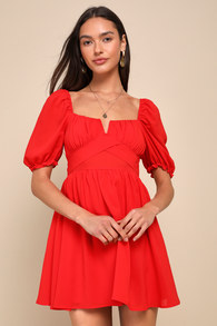 Blissful Charm Red Puff Sleeve Notch Neck Mini Dress