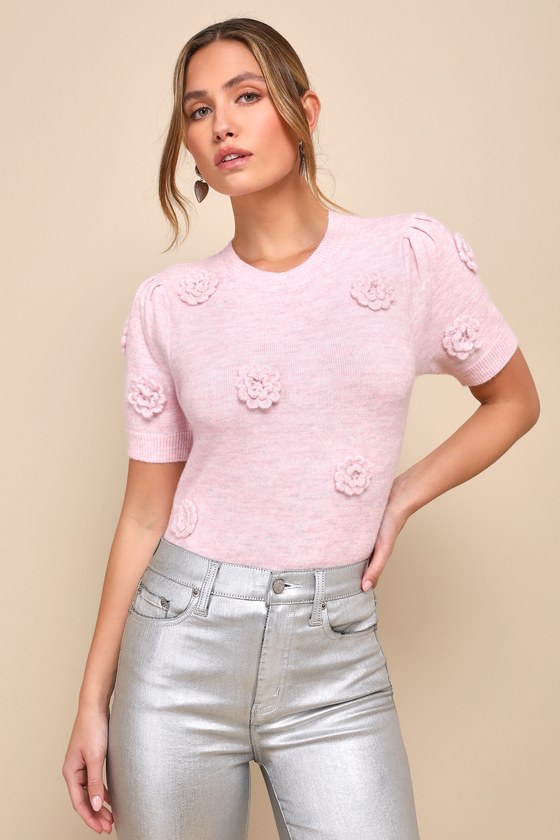Sweet Mindset Pink Space Dye 3D Floral Short Sleeve Sweater Top 3