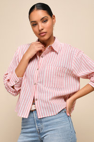 Chic Marvel Pink and Ivory Striped Button-Up Long Sleeve Top