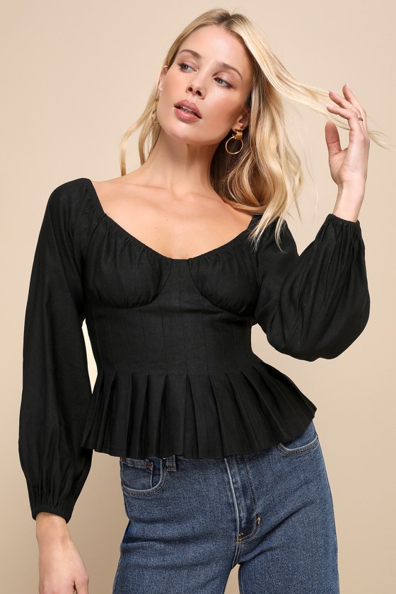 Flirty Black Pleated Top - OTS Long Sleeve Top - Bustier Top - Lulus