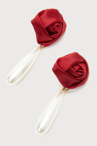 Sentimental Romance Red Satin Pearl Rosette Earrings