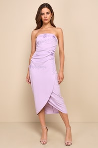 Sophisticatedly Sultry Lilac Strapless Ruched Bodycon Midi Dress