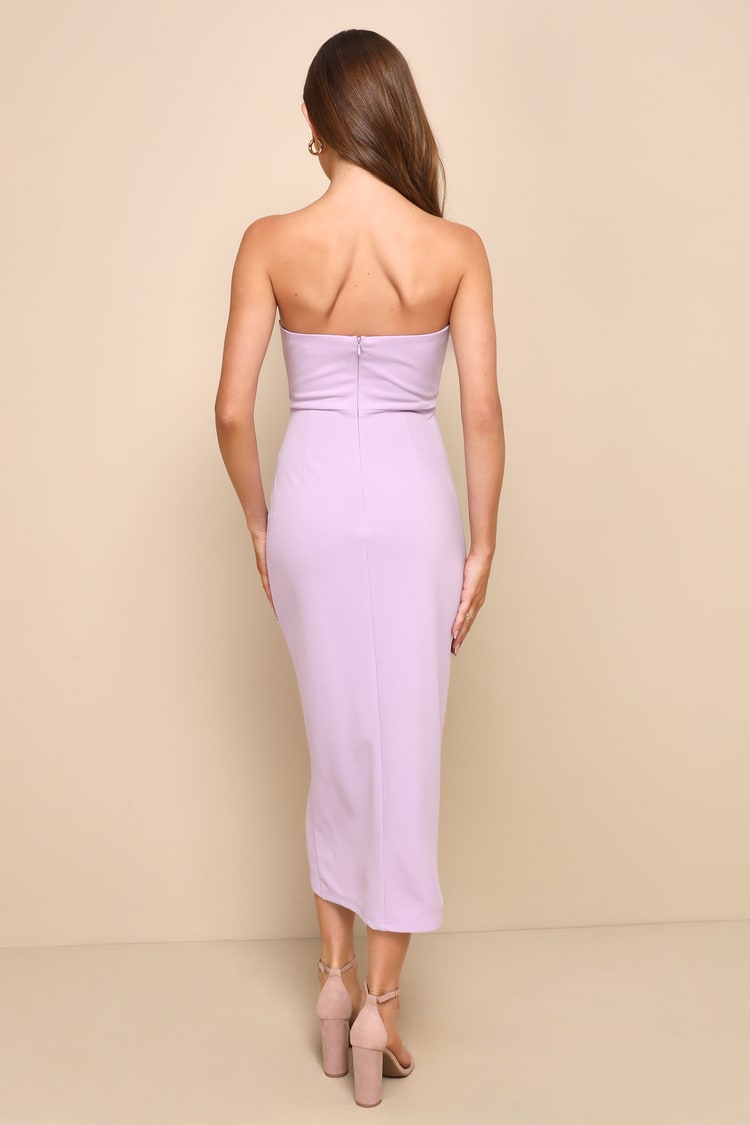 Sophisticatedly Sultry Lilac Strapless Ruched Bodycon Midi Dress