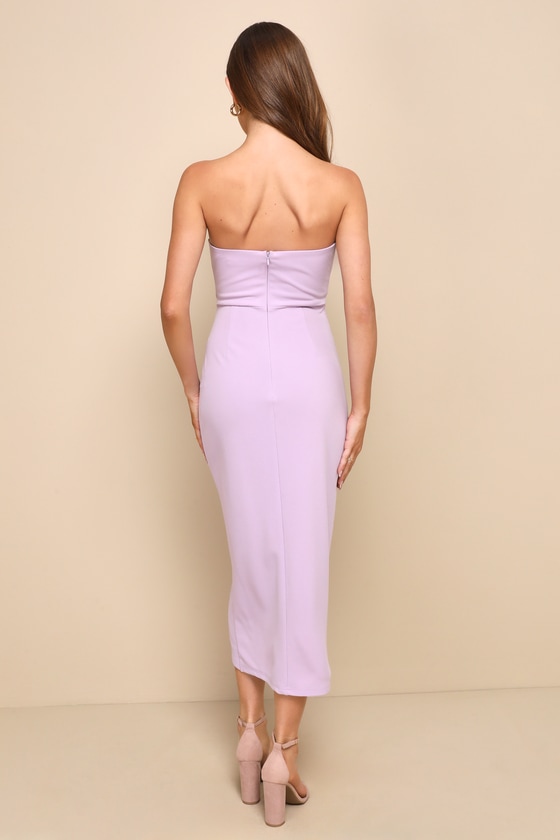 Sophisticatedly Sultry Lilac Strapless Ruched Bodycon Midi Dress 2