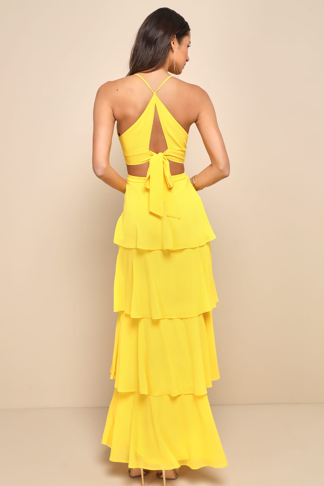 Tier and Now Yellow Tie-Back Tiered Maxi Dress