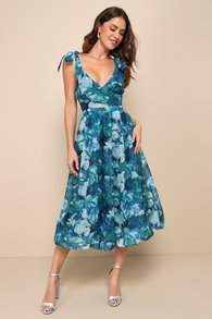 Flowering Day Dream Teal Blue Floral Organza Midi Bubble Dress