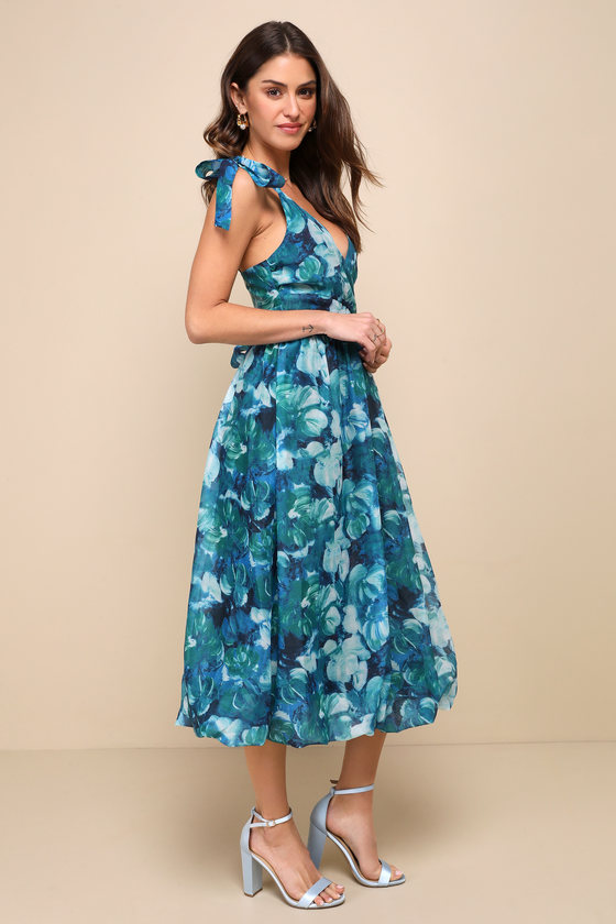 Lulus Flowering Day Dream Teal Blue Floral Organza Midi Bubble Dress In Teal Blue