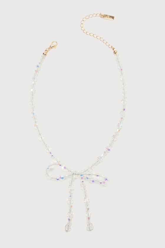 Sweetest Potential Clear Iridescent Beaded Bow Choker Necklace 3