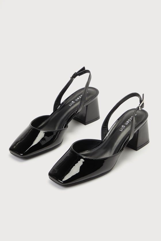 Novvaa Black Patent Square-Toe Slingback Low Heel Pumps 1