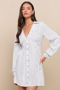 Breezy Sweetie Ivory and Black Striped Smocked Linen Mini Dress