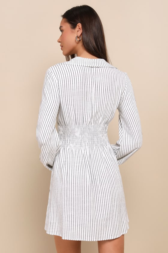 Shop Lulus Breezy Sweetie Ivory And Black Striped Smocked Linen Mini Dress
