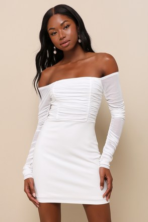 h&m white off the shoulder ruched long sleeve mini dress White Mesh Dress - Ruched Off-the-Shoulder Dress - Mini Dress