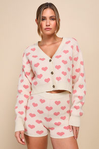 Loveable Babe Cream and Pink Heart Print Sweater Lounge Shorts