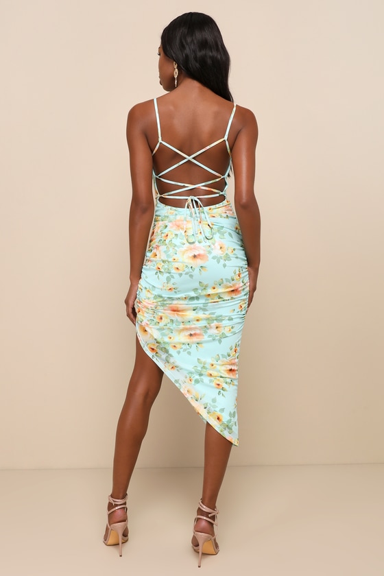 Sweet Sunlight Mint Blue Floral Mesh Ruched Lace-Up Midi Dress