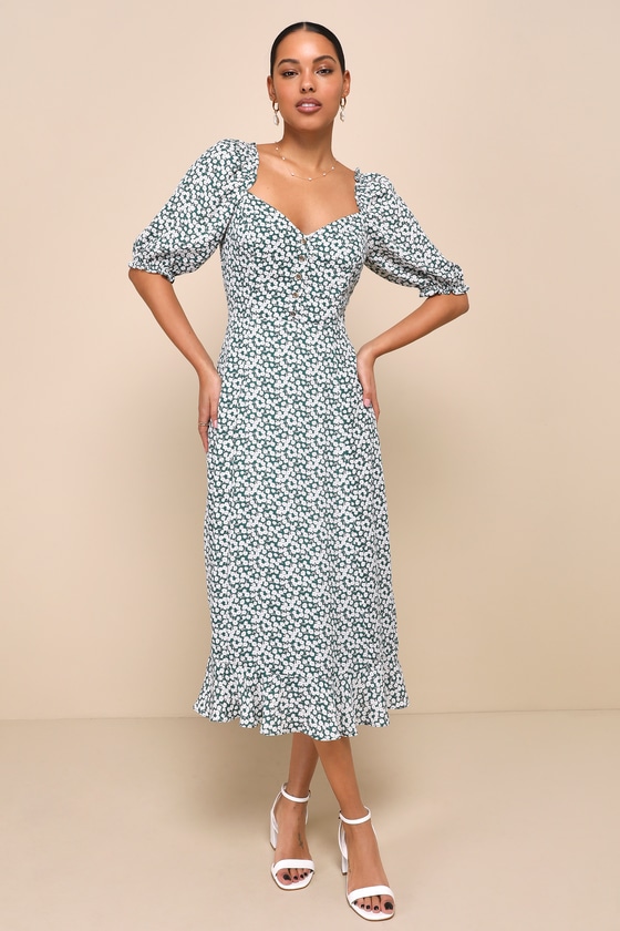 Cute Contentment Green Floral Button-Front Ruffled Midi Dress 2