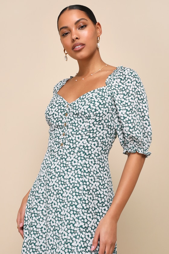 Green Floral Midi Dress Button Front Dress Puff Sleeve Dress Lulus Green Floral Midi Dress Button Front Dress Puff Sleeve Dress Lulus