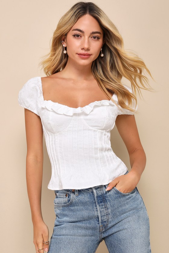 Sweet Poise Ivory Floral Jacquard Lace-Up Puff Sleeve Top 2