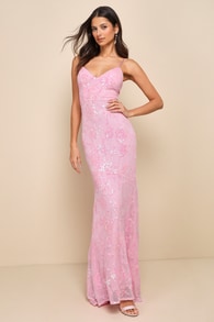 Glittering Excellence Light Pink Sequin Lace-Up Maxi Dress