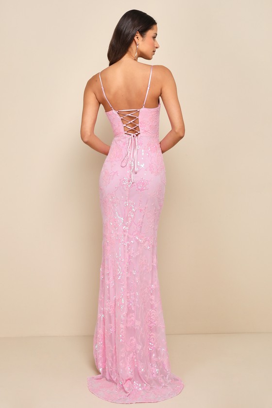 Glittering Excellence Light Pink Sequin Lace-Up Maxi Dress 3