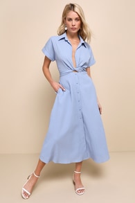 Palermo Perfection Light Blue Collared Midi Dress with Pockets