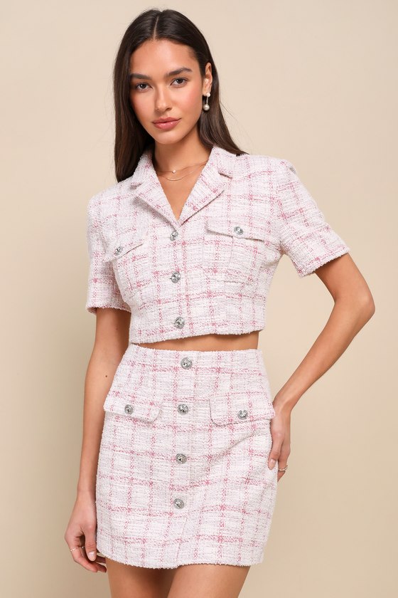 Posh Influence Pink and White Tweed Rhinestone Mini Skirt 1