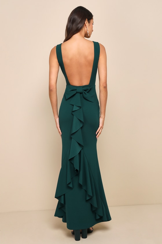 Lulus Exquisite Refinement Emerald Backless Bow Ruffled Maxi Dress In Green