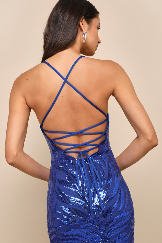 Lulus Sparkle 'til Dawn Royal Blue Sequin Lace-up Mermaid Maxi Dress In Royal Blue