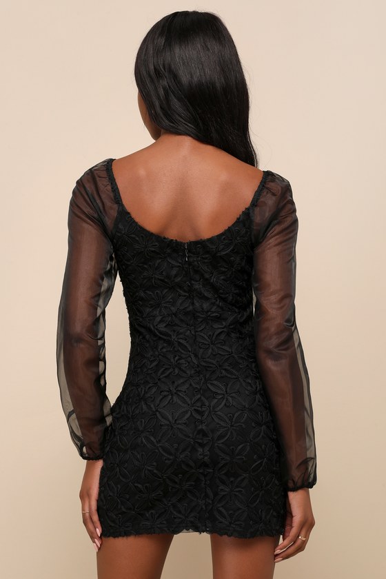 Shop Lulus Mysterious Moment Black Organza Long Sleeve Applique Mini Dress