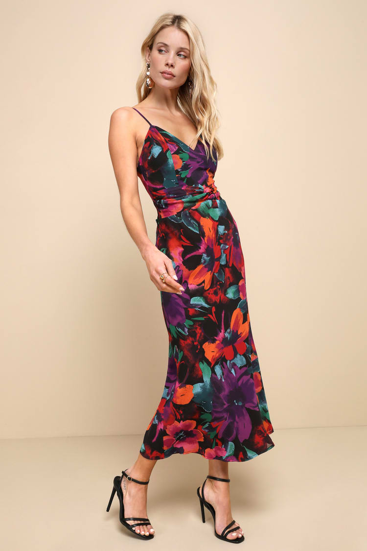 Multi Floral Dress - Twist-Front Midi Dress - A-Line Dress - Lulus