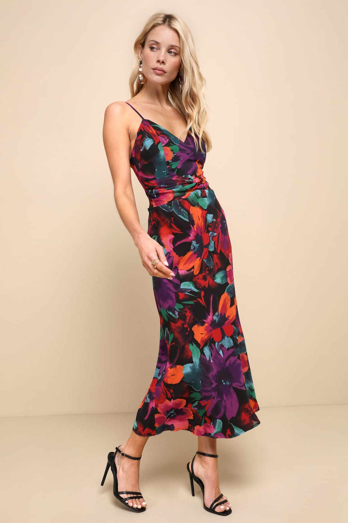 Beautiful Entrance Multi Floral Print Twist Front Midi Dress