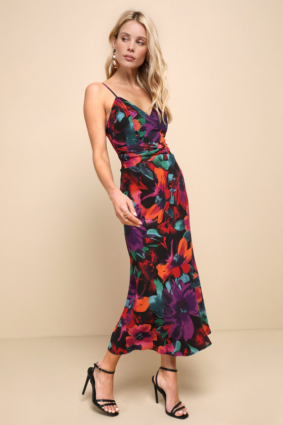 Multi Floral Print Dress - Twist Front Midi Dress - A-Line Dress - Lulus