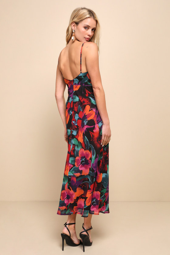 Shop Lulus Beautiful Entrance Multi Floral Twist-front Midi Dress In Black