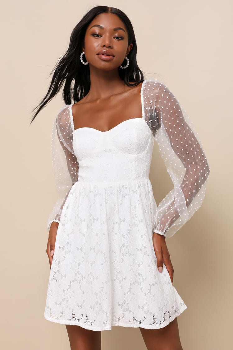 White Lace Dress - Balloon Sleeve Mini Dress - Bustier Mini Dress 