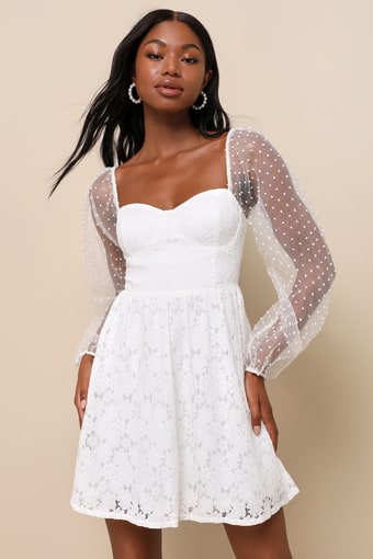Cue the Charisma White Lace Balloon Sleeve Bustier Mini Dress