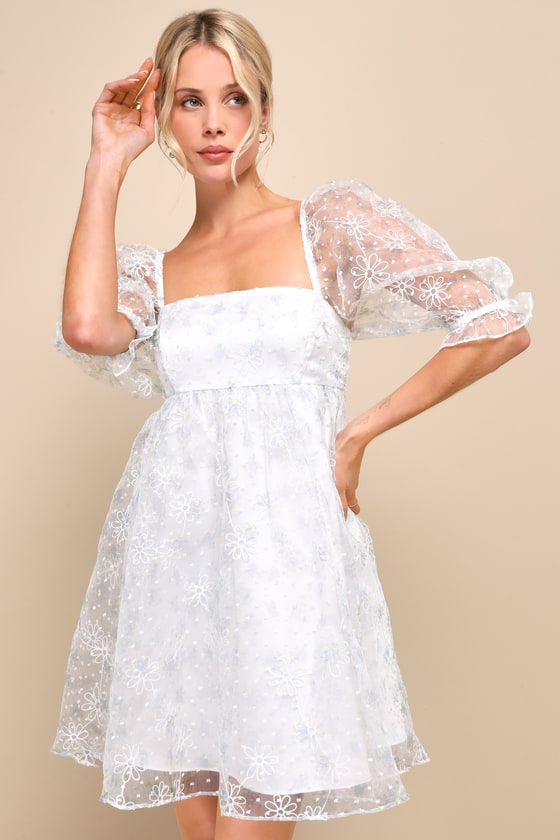 White Floral Embroidered Dress - Babydoll Dress - Cute Mini Dress - Lulus