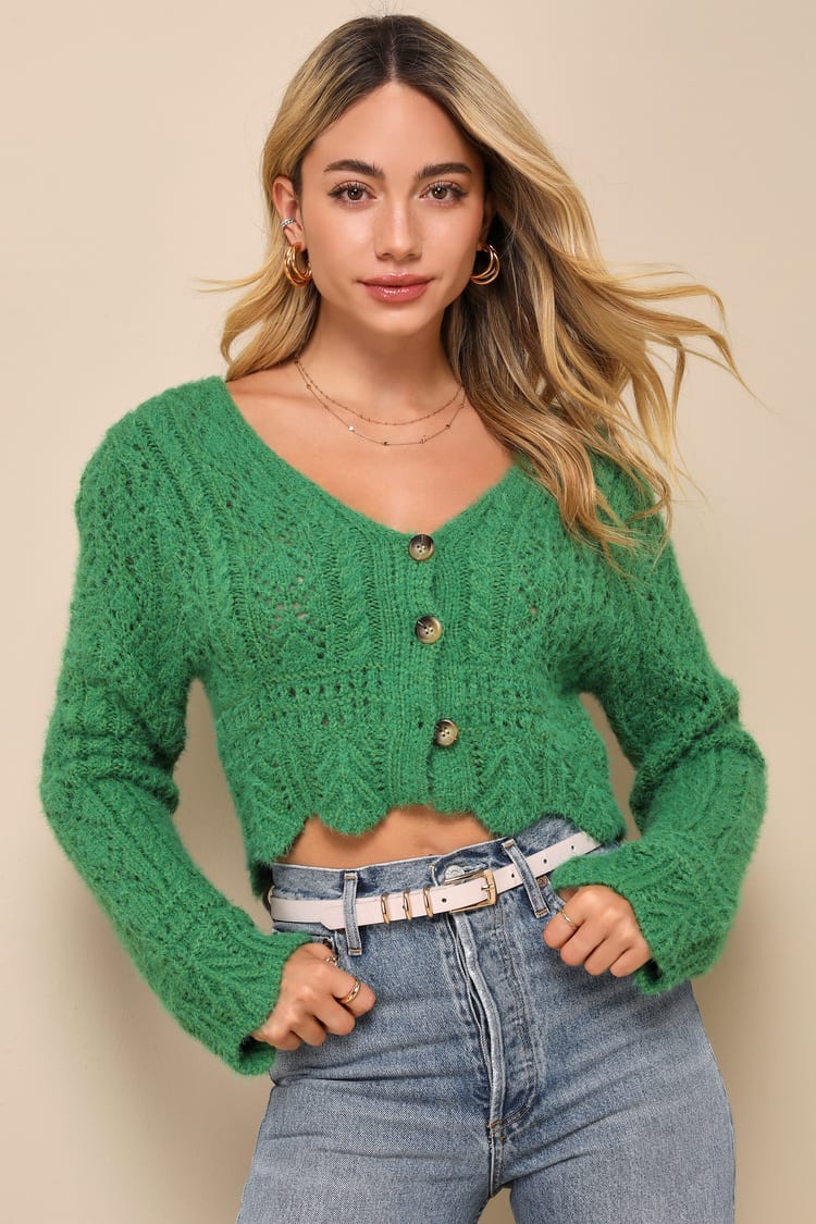 Green Fuzzy Sweater - Cable Knit Sweater - Cute Cropped Cardi - Lulus